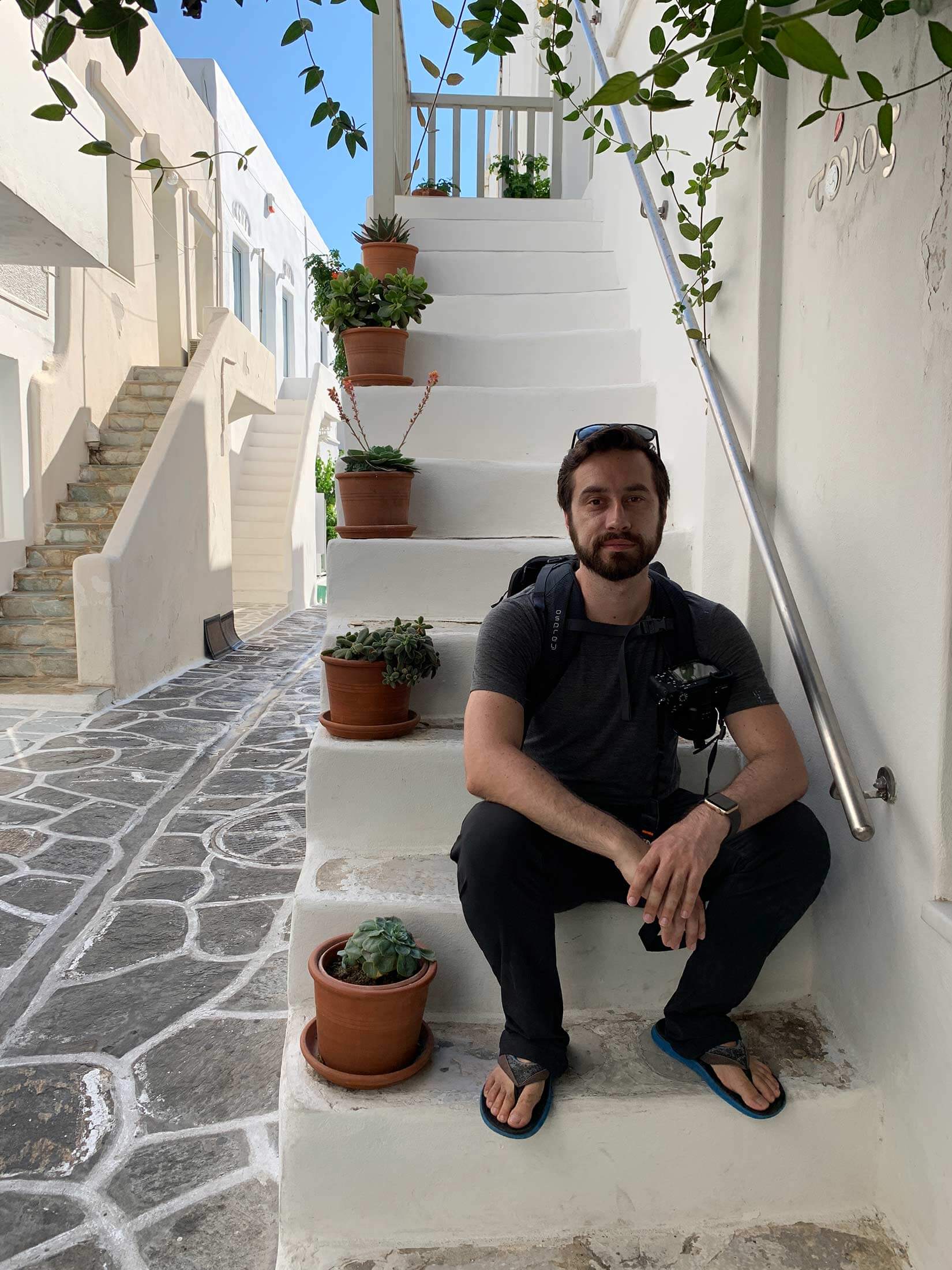 Guilly in the narrow streets of Naousa old town, Paros