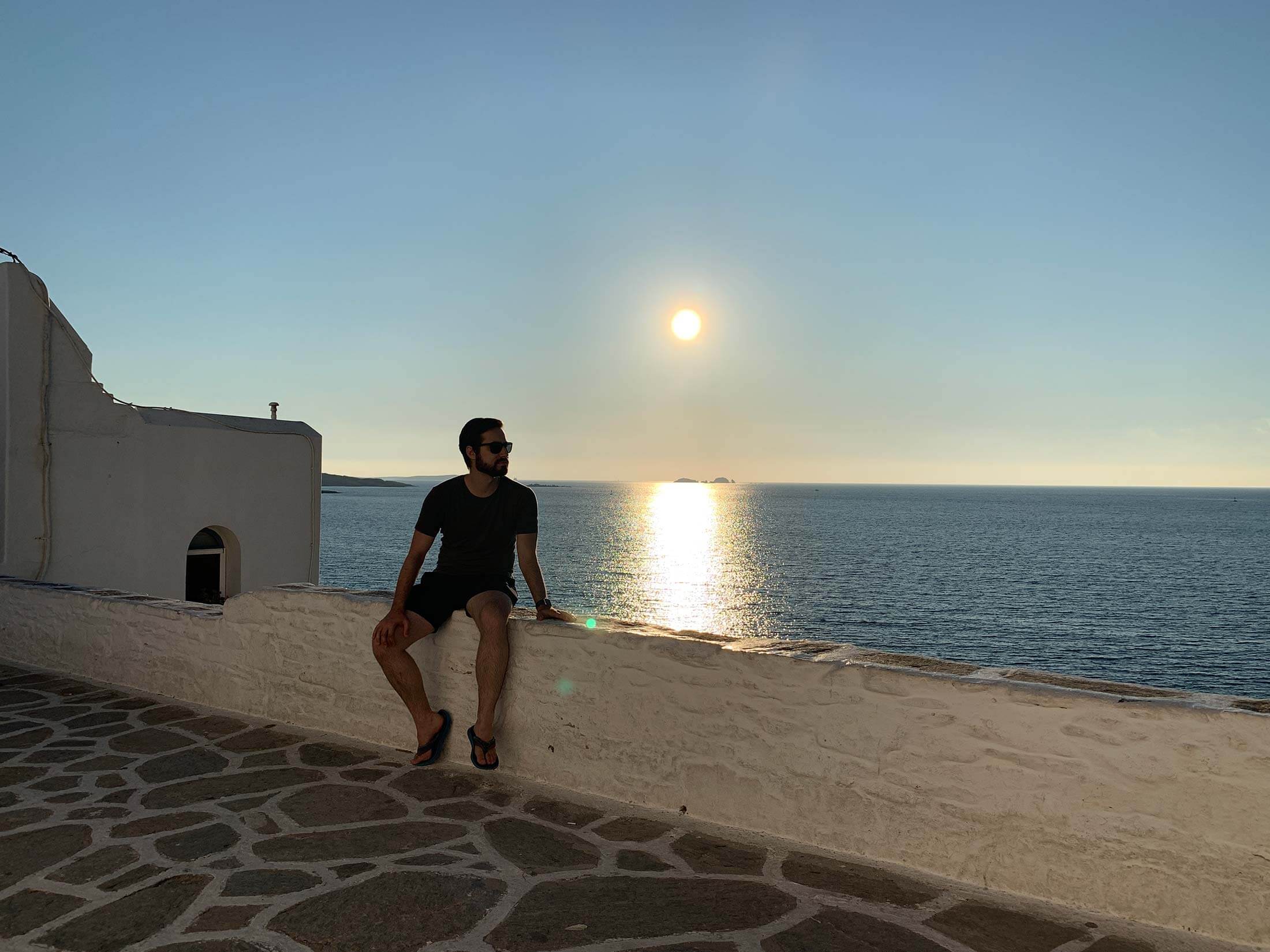 Guilly watching the sunset from the old town of Parikia, Paros island