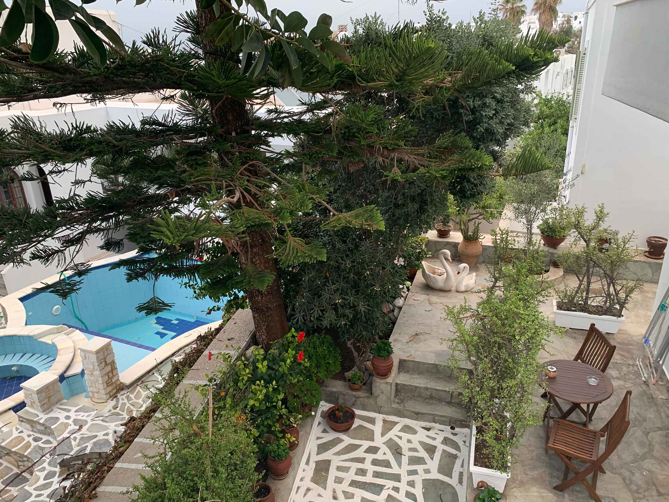 Outdoor terrace at Anna's pension Naousa, Greece